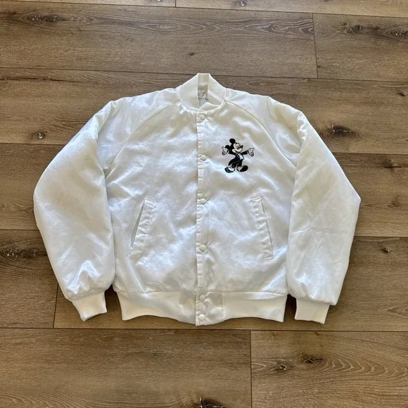 Vintage Mickey Mouse Satin Jacket Youth XL White Bomber Disney Chalk Line 80s‎